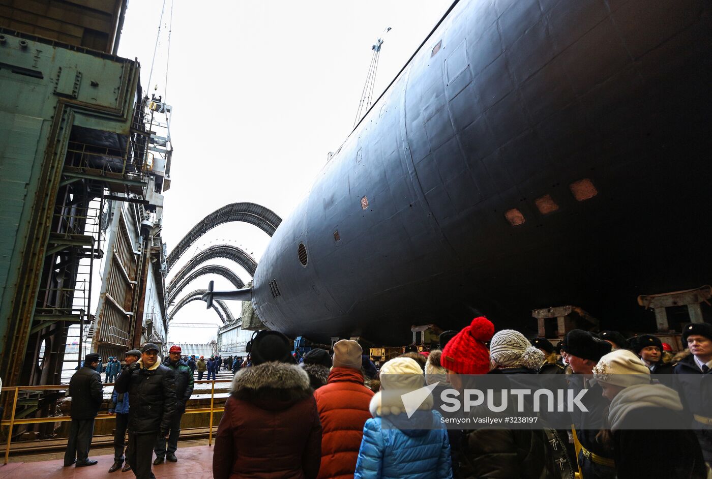 Launching Prince Vladimir nuclear-powered submarine cruiser in Severodvinsk