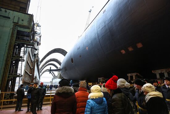 Launching Prince Vladimir nuclear-powered submarine cruiser in Severodvinsk