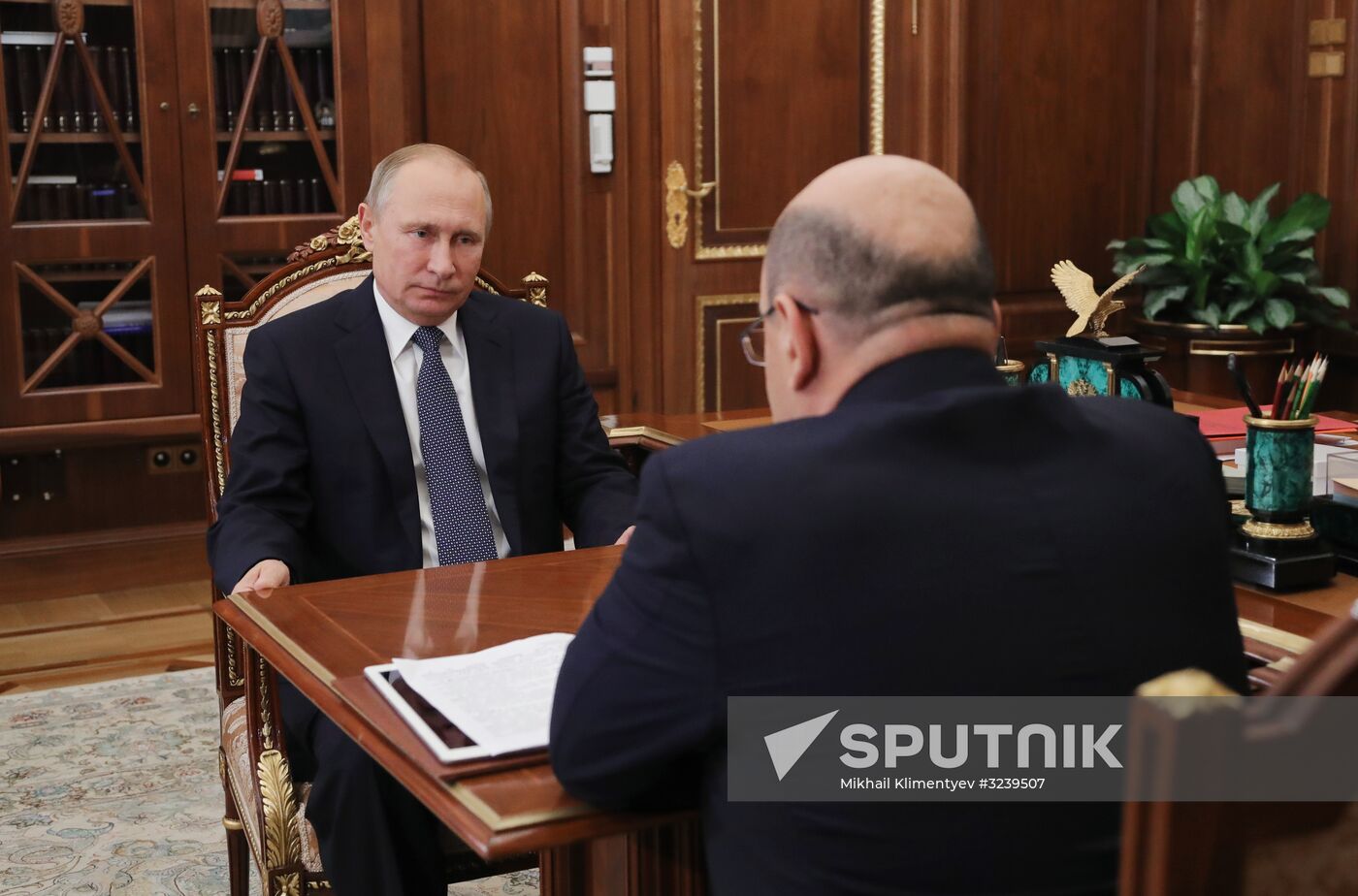 Russian President Vladimir Putin meets with FTS Head Mikhail Mishustin
