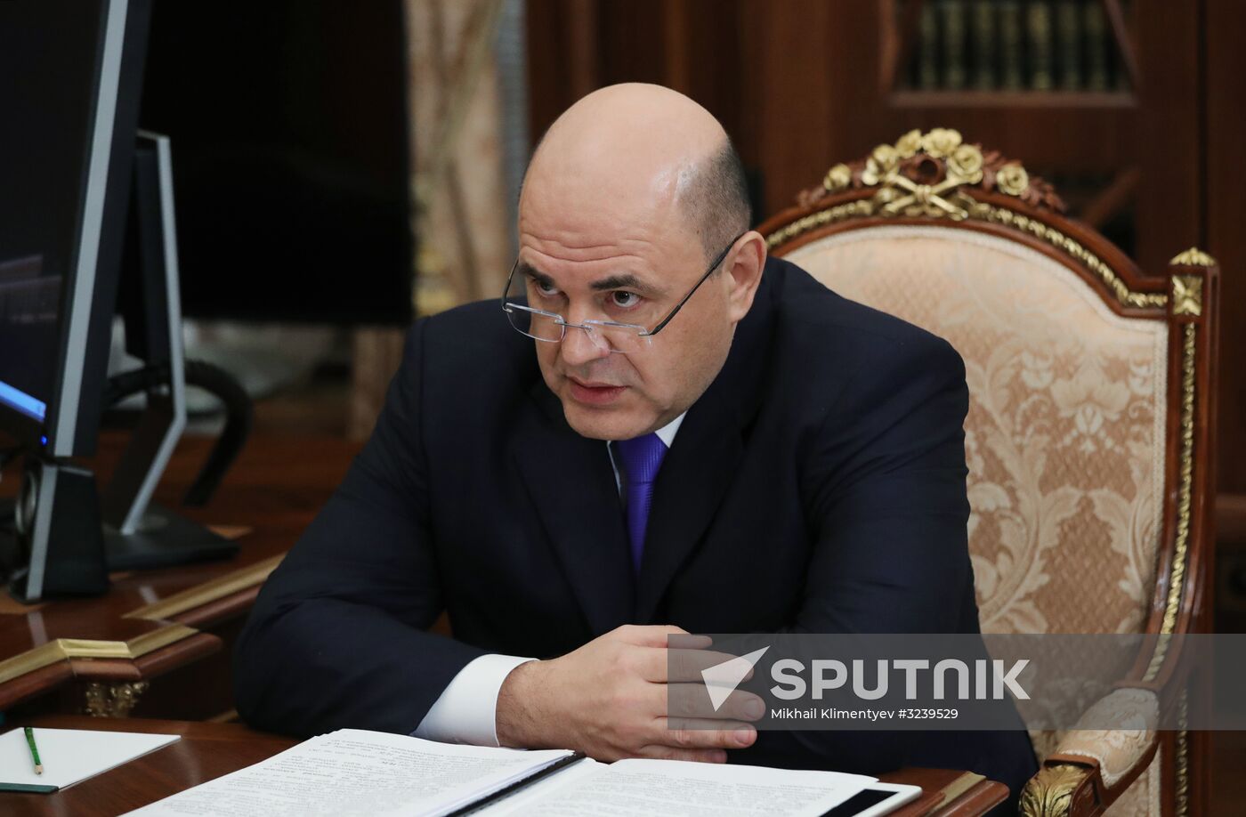 Russian President Vladimir Putin meets with FTS Head Mikhail Mishustin
