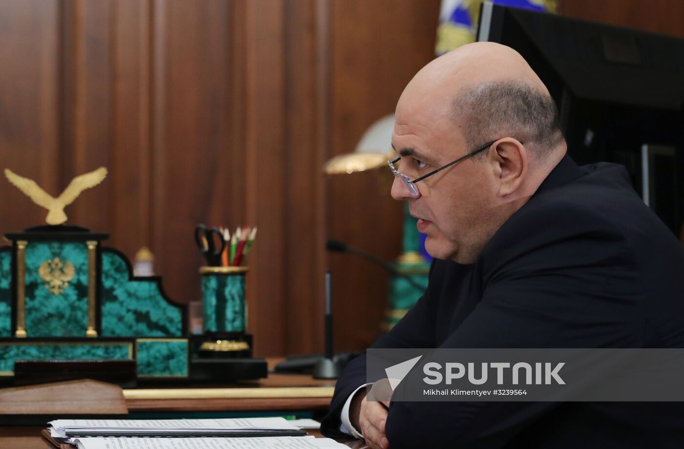 Russian President Vladimir Putin meets with FTS Head Mikhail Mishustin