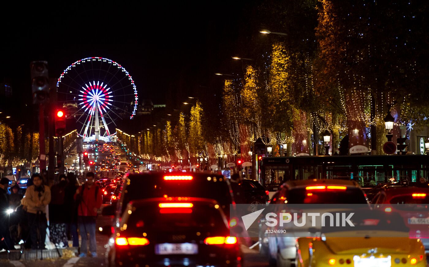 Christmasd lights switched on Champs Elysees Avenue