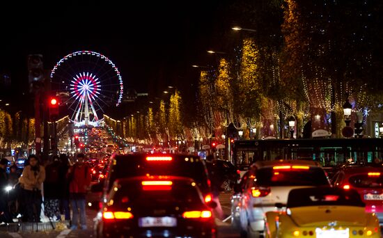 Christmasd lights switched on Champs Elysees Avenue