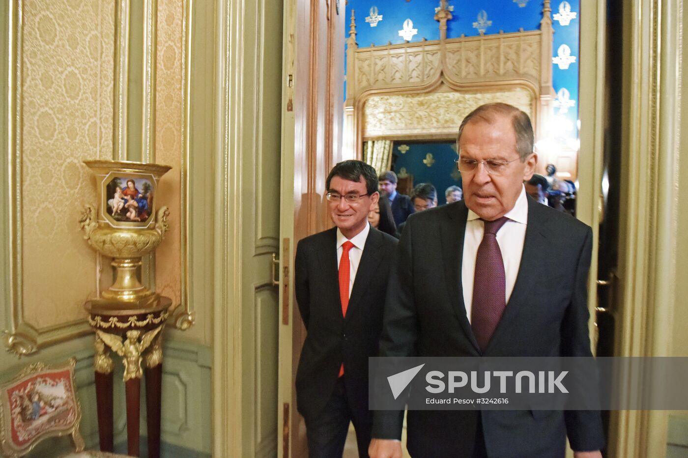 Russian Foreign Minister Sergei Lavrov meets with Japanese Foreign Minister Taro Kono