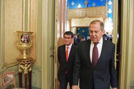 Russian Foreign Minister Sergei Lavrov meets with Japanese Foreign Minister Taro Kono