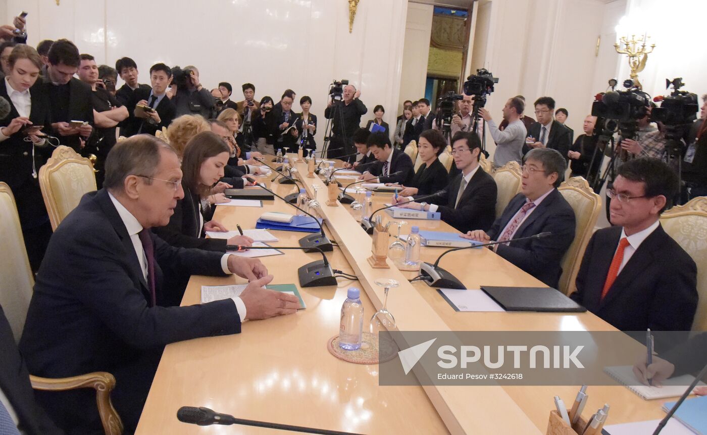 Russian Foreign Minister Sergei Lavrov meets with Japanese Foreign Minister Taro Kono