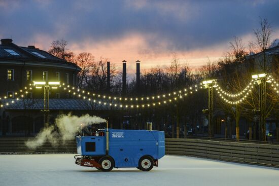 Ice rink on New Holland Island in St. Petersburg