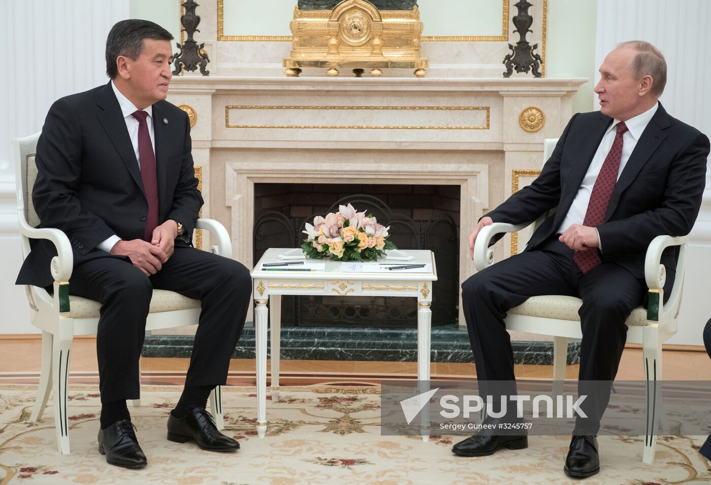 Russian President Vladimir Putin meets with Kyrgyz President Sooronbay Jeenbekov