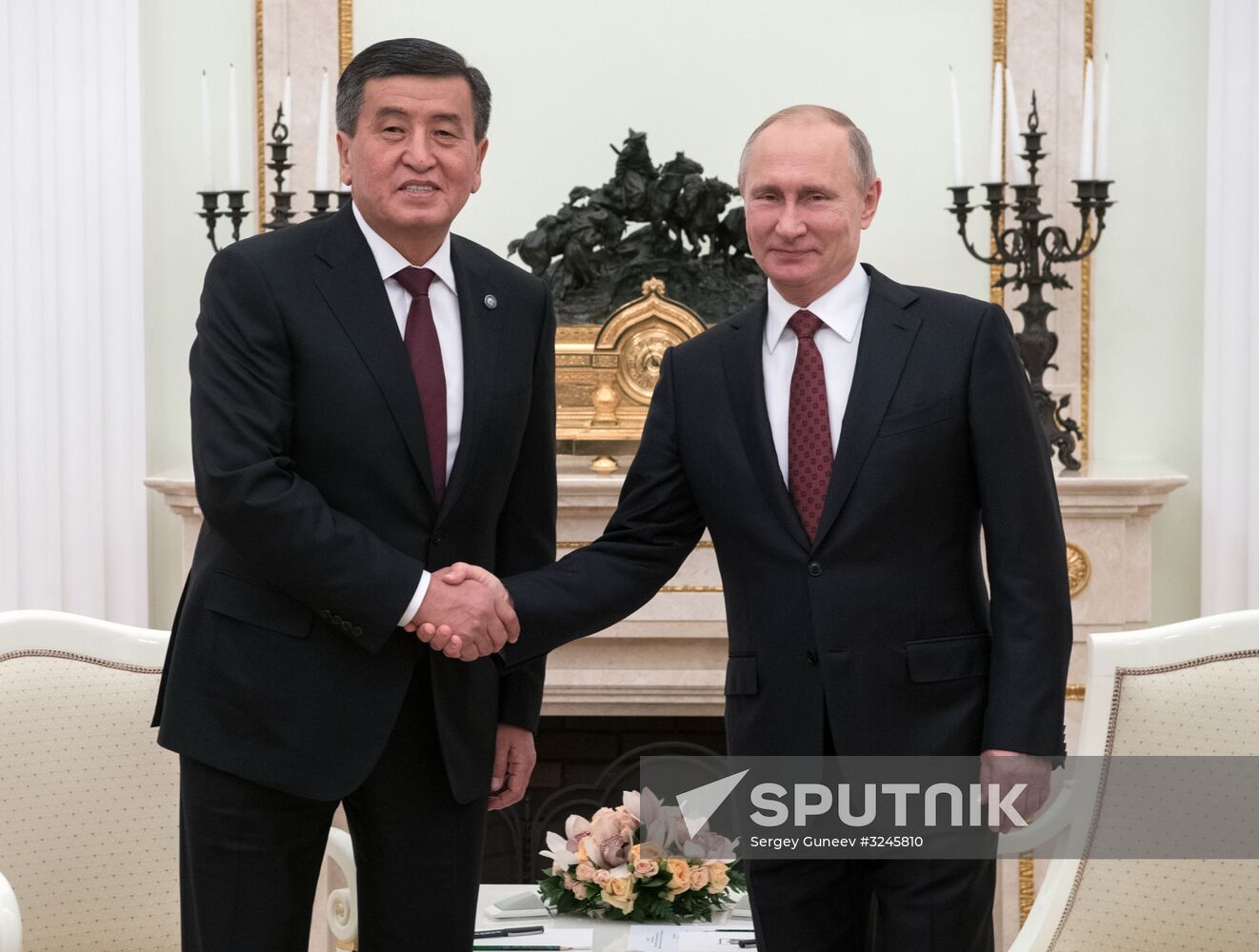 Russian President Vladimir Putin meets with Kyrgyz President Sooronbay Jeenbekov