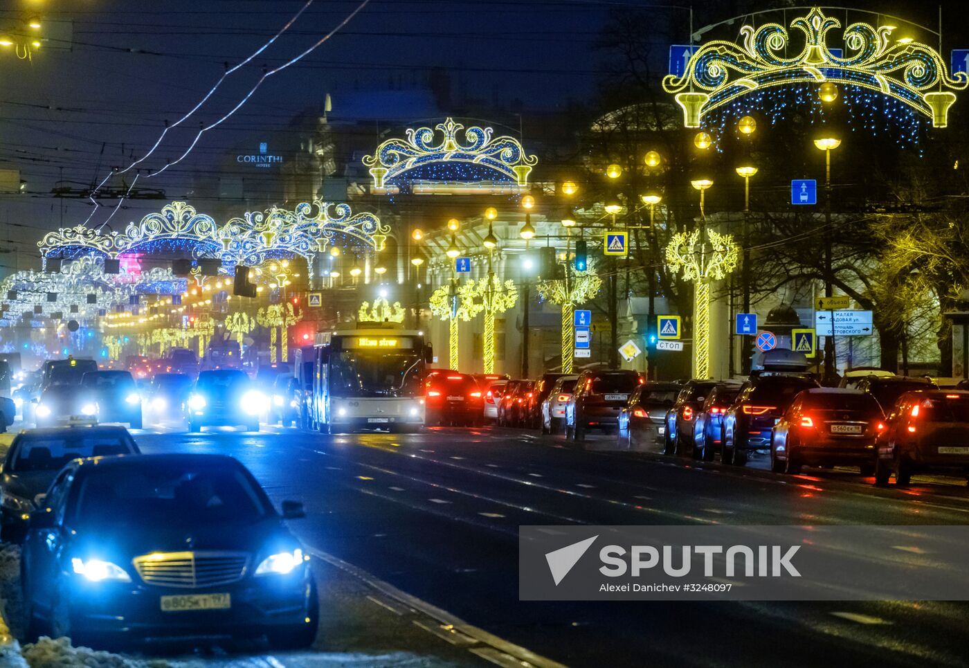 Nevsky Prospekt in St. Petersburg decorated for New Year's Eve