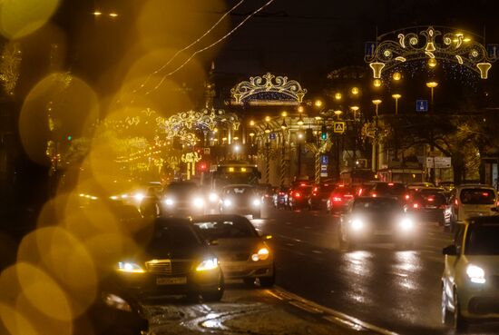 Nevsky Prospekt in St. Petersburg decorated for New Year's Eve