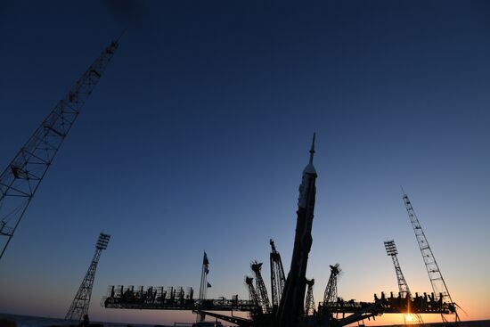 Transportration of Soyuz-FG carrier rocket with Soyuz MS-07 spacecraft to launch pad