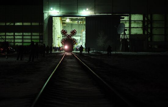 Transportration of Soyuz-FG carrier rocket with Soyuz MS-07 spacecraft to launch pad