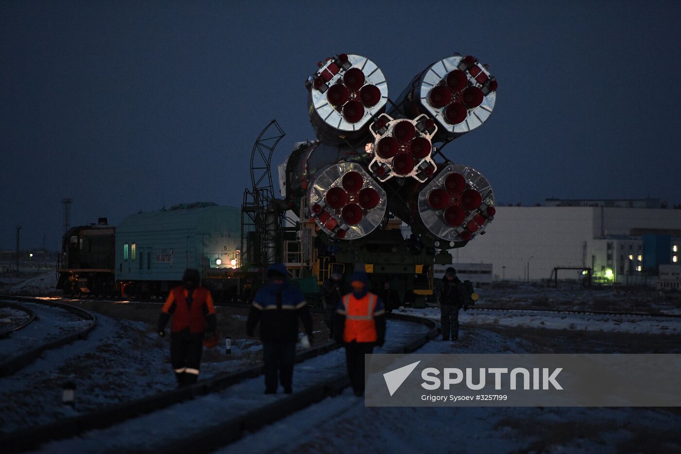 Transportration of Soyuz-FG carrier rocket with Soyuz MS-07 spacecraft to launch pad