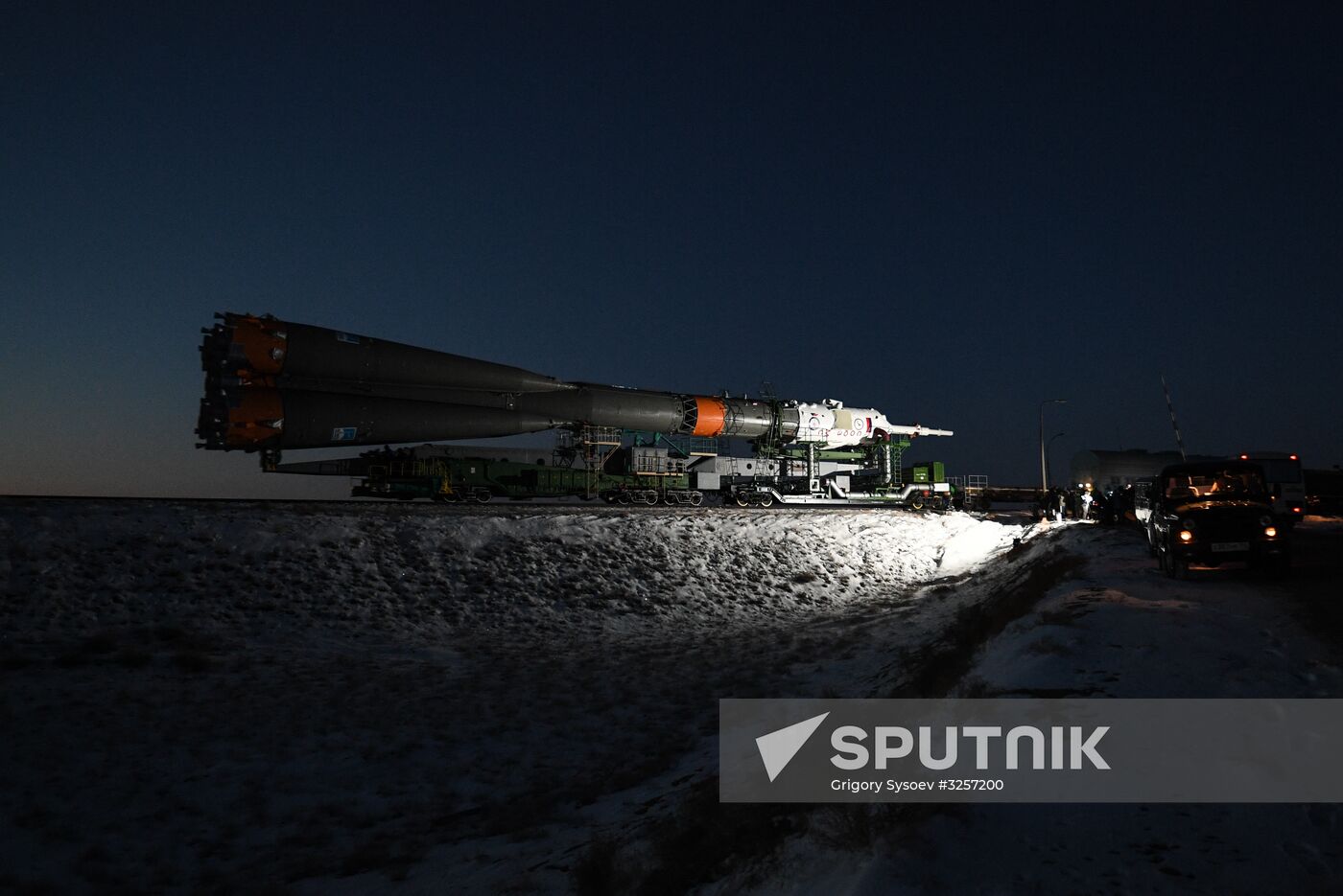 Transportration of Soyuz-FG carrier rocket with Soyuz MS-07 spacecraft to launch pad