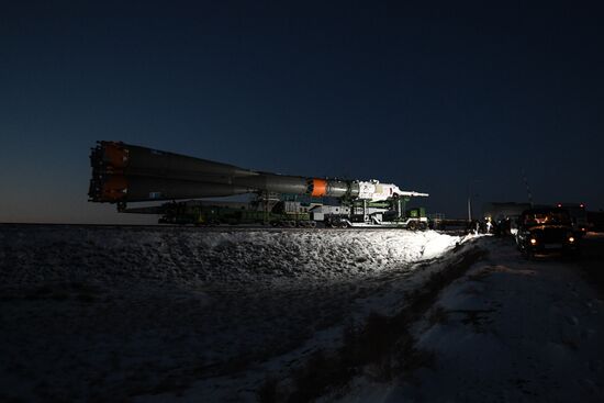 Transportration of Soyuz-FG carrier rocket with Soyuz MS-07 spacecraft to launch pad