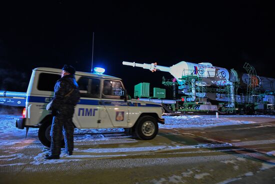 Transportration of Soyuz-FG carrier rocket with Soyuz MS-07 spacecraft to launch pad