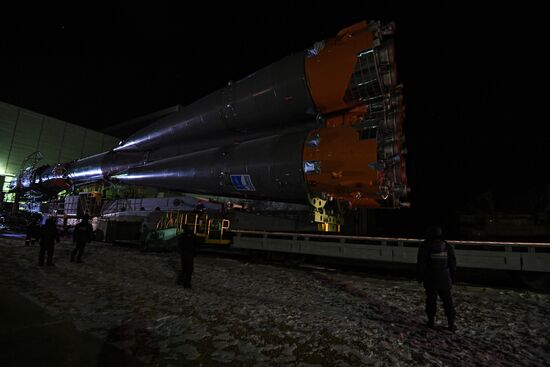 Transportration of Soyuz-FG carrier rocket with Soyuz MS-07 spacecraft to launch pad