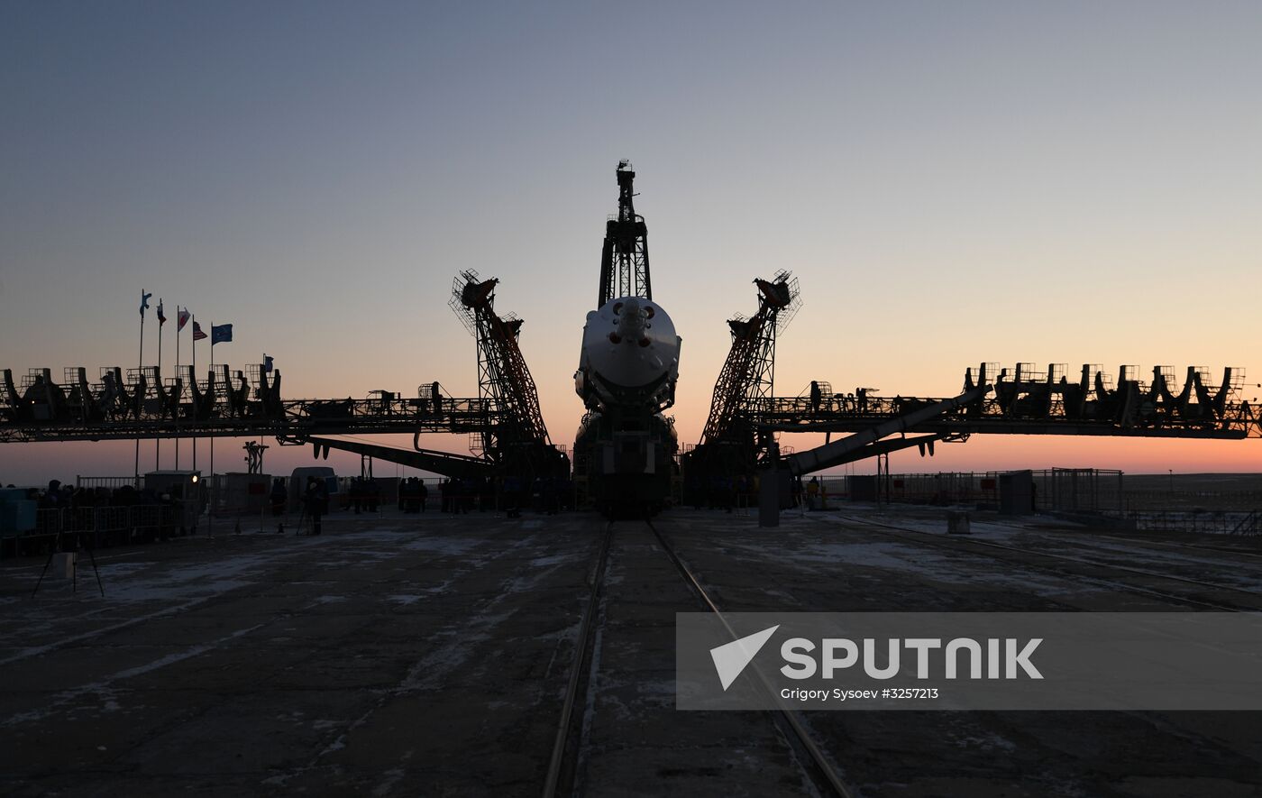 Transportration of Soyuz-FG carrier rocket with Soyuz MS-07 spacecraft to launch pad