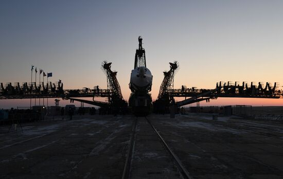 Transportration of Soyuz-FG carrier rocket with Soyuz MS-07 spacecraft to launch pad
