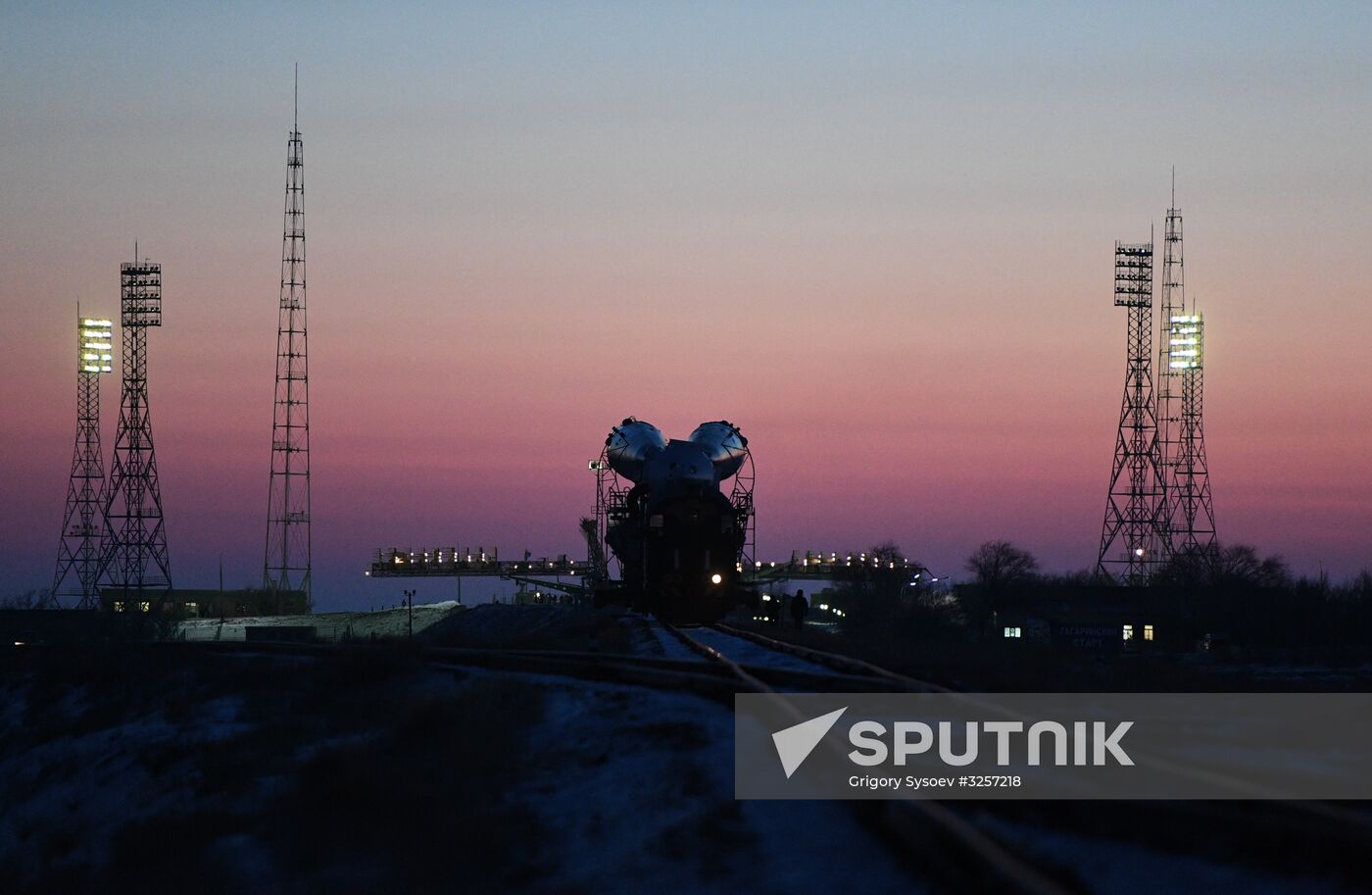 Transportration of Soyuz-FG carrier rocket with Soyuz MS-07 spacecraft to launch pad