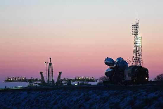 Transportration of Soyuz-FG carrier rocket with Soyuz MS-07 spacecraft to launch pad