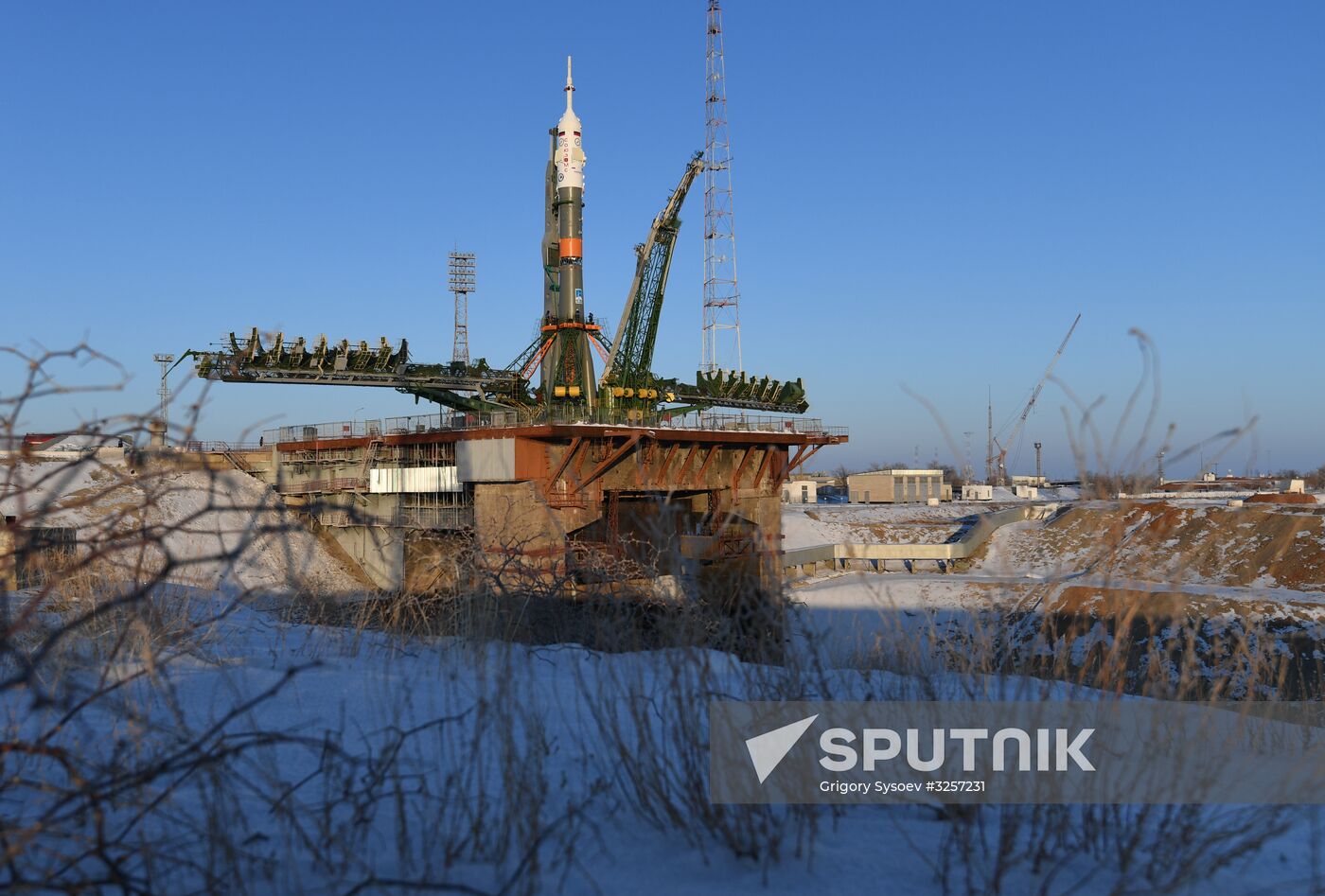 Transportration of Soyuz-FG carrier rocket with Soyuz MS-07 spacecraft to launch pad