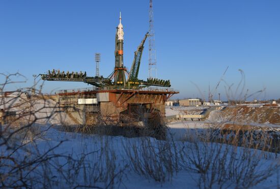 Transportration of Soyuz-FG carrier rocket with Soyuz MS-07 spacecraft to launch pad