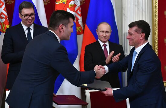 President Vladimir Putin meets with Serbian President Aleksandar Vucic