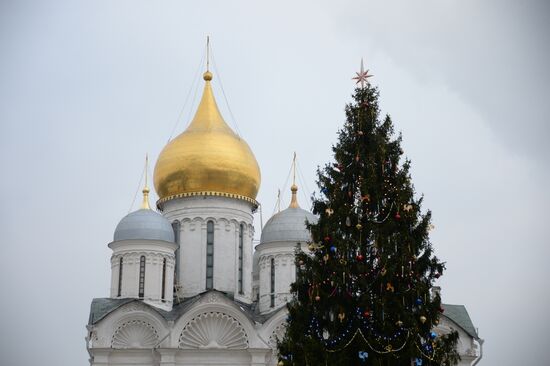 Decorating New Year's tree on Moscow Kremlin's Cathedral Square