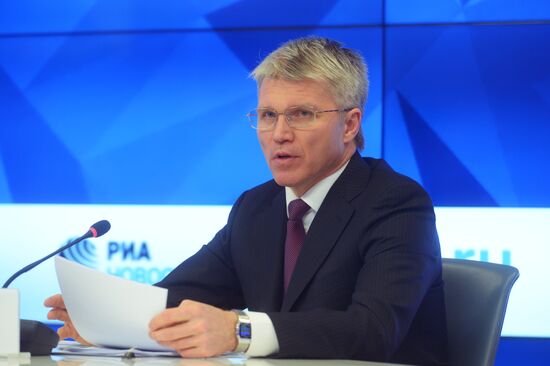 Russian Minister of Sport Pavel Kolobkov gives news conference