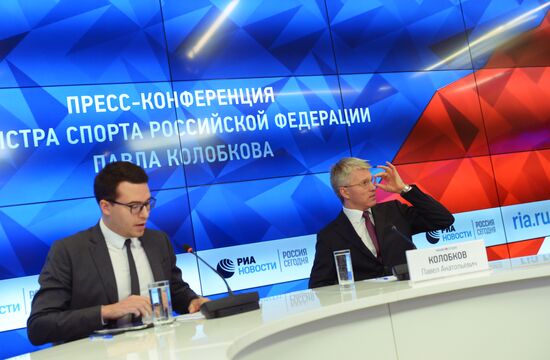 Russian Minister of Sport Pavel Kolobkov gives news conference