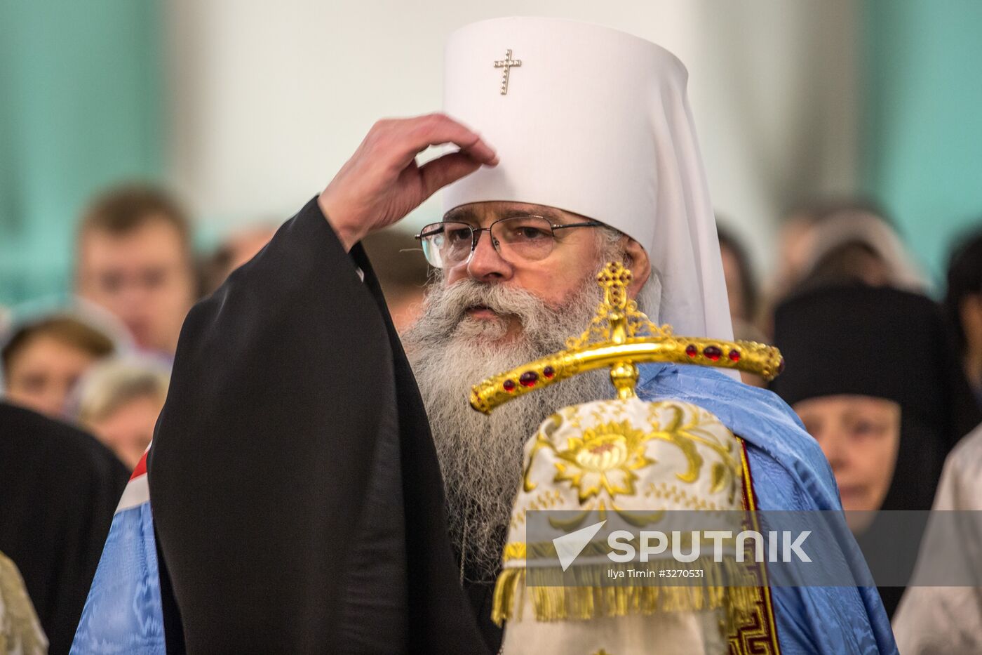 Head of Karely Archdiocese, Metropolitan of Petrozavodsk and Karely Konstantin (Goryanov) during a Christmas service at Alexander Nevsky Cathedral, Petrozavodsk. Location: Russia, Republic of Karelia, Petrozavodsk. Author: Ilya Timin/Sputnik. Christmas celebrated across Russia