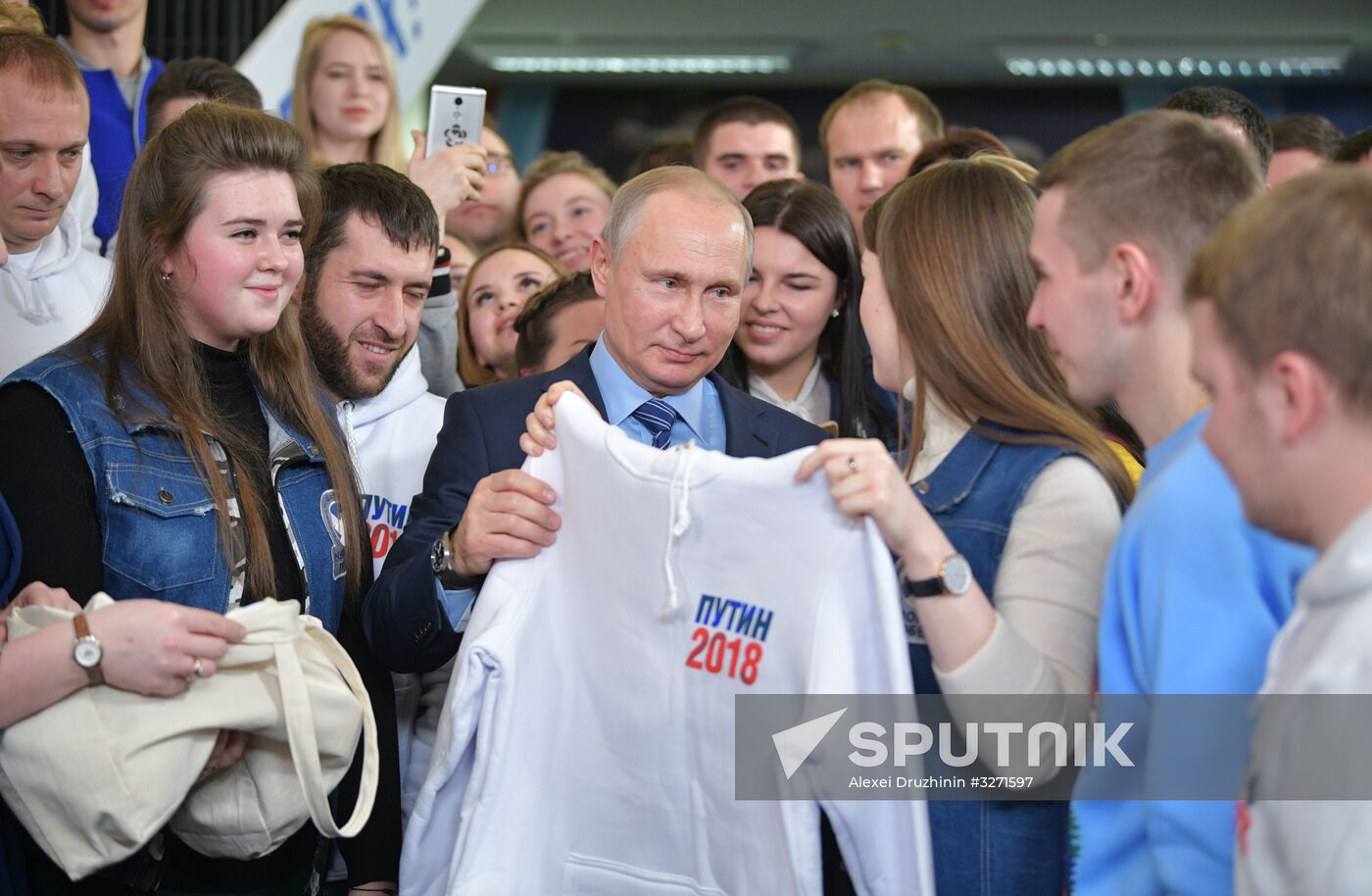 President Vladimir Putin visits his campaign headquarters in Moscow