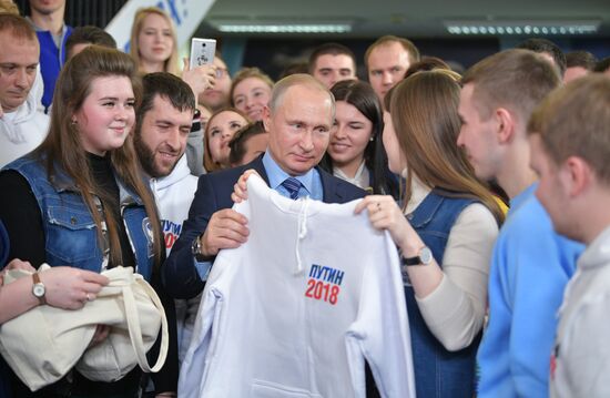 President Vladimir Putin visits his campaign headquarters in Moscow