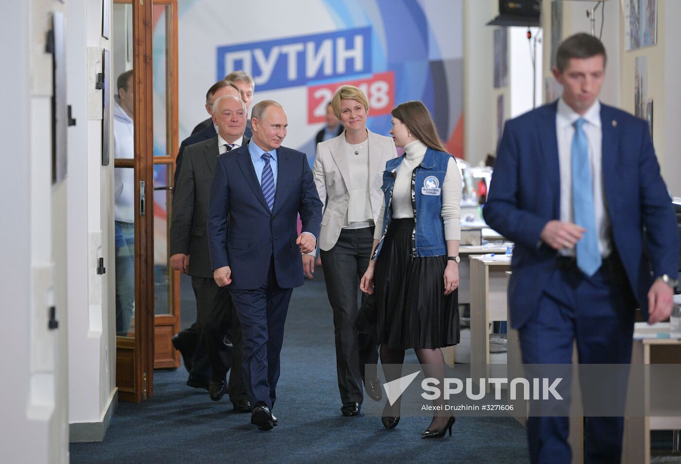 President Vladimir Putin visits his campaign headquarters in Moscow
