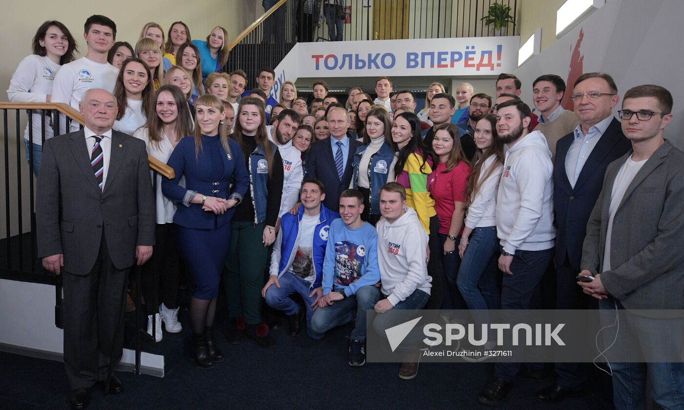 President Vladimir Putin visits his campaign headquarters in Moscow