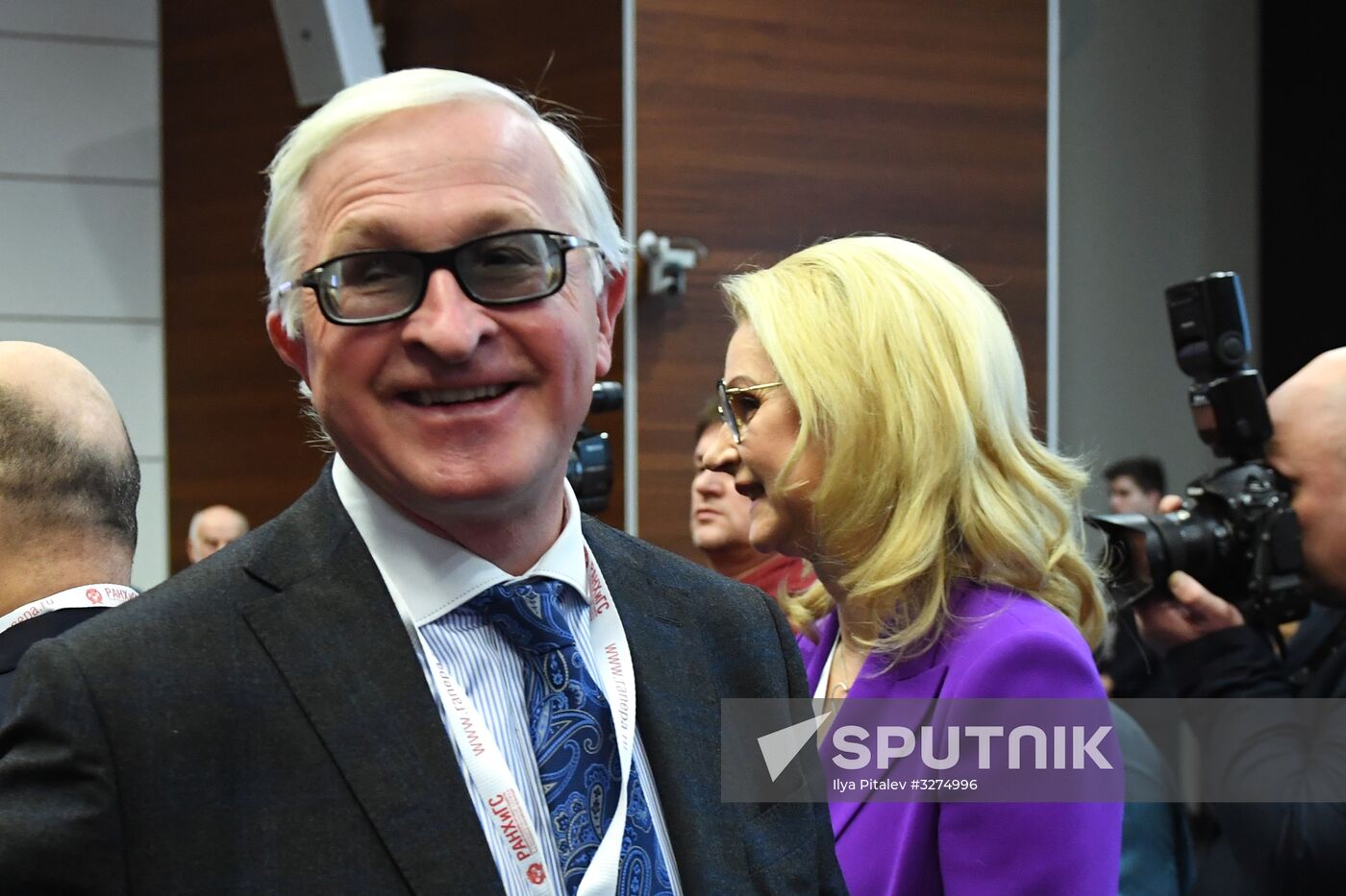 Alexander Shokhin, President of the Russian Union of Industrialists and Entrepreneurs, at the 9th Gaidar Forum in Moscow. Back: Chairperson of the Accounts Chamber Tatyana Golikova. Location: Russia, Moscow. Author: Ilya Pitalev/Sputnik. 9th Gaidar Forum. Day two