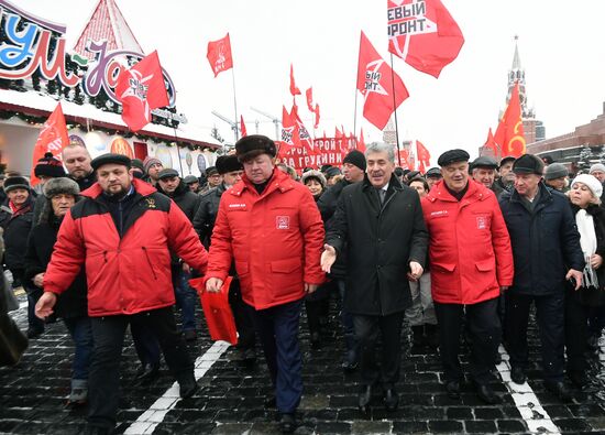 Flowers and wreaths laid by Lenin Mausoleum on Red Square