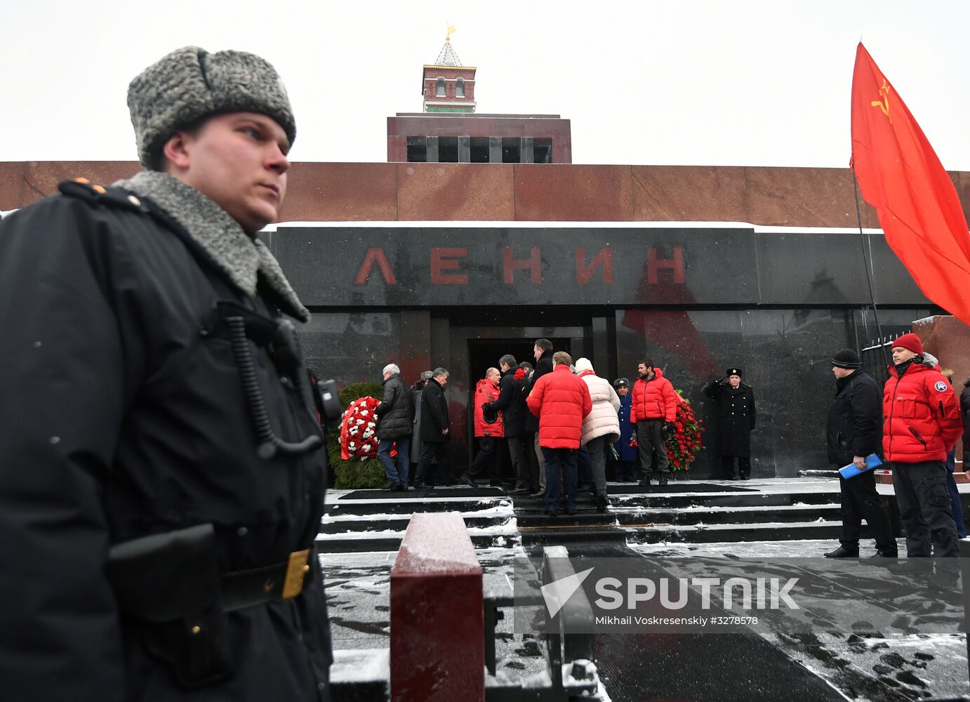 Flowers and wreaths laid by Lenin Mausoleum on Red Square