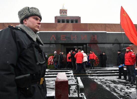 Flowers and wreaths laid by Lenin Mausoleum on Red Square