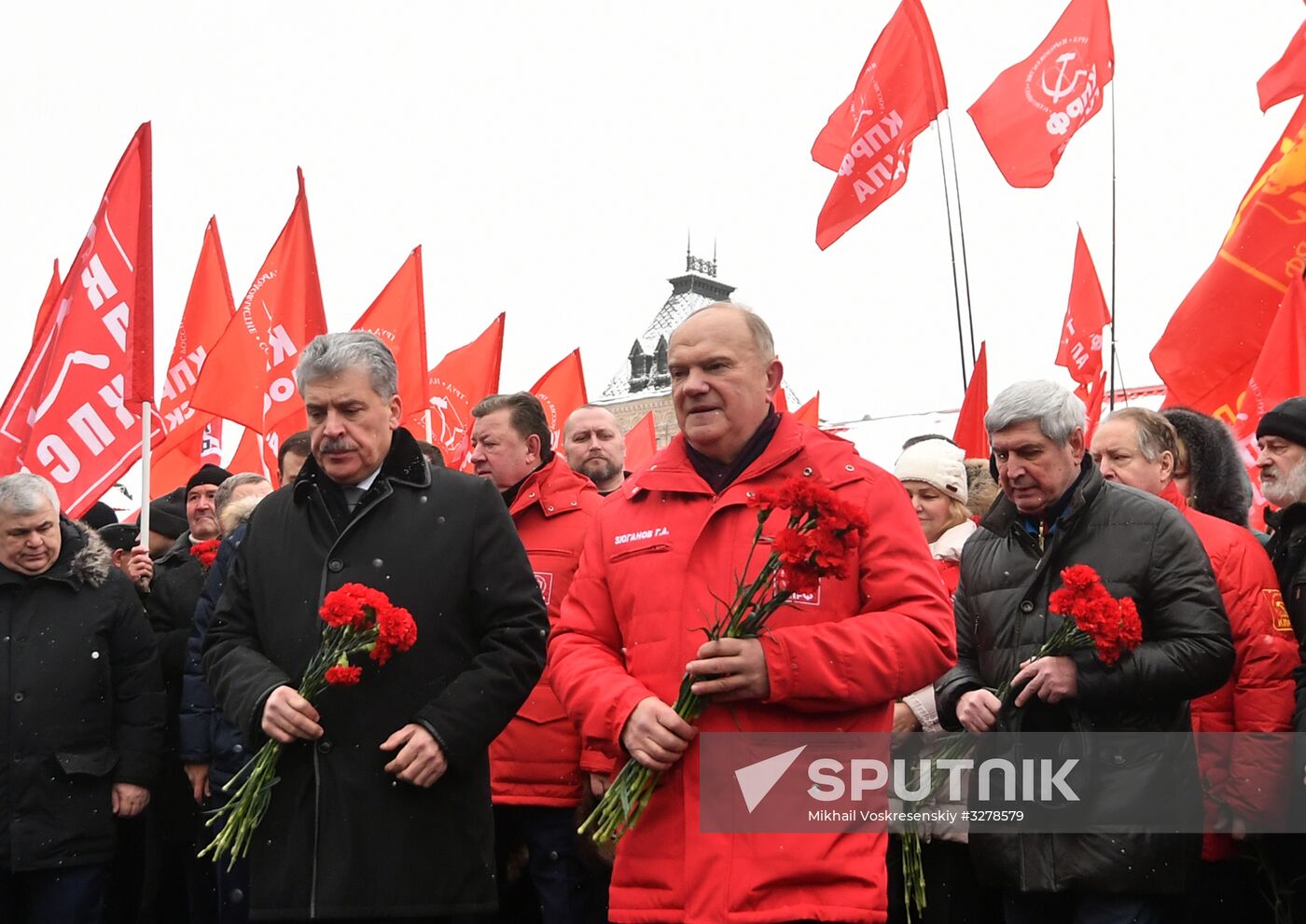 Flowers and wreaths laid by Lenin Mausoleum on Red Square