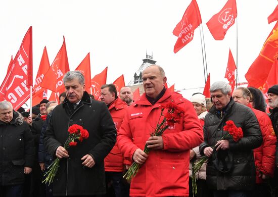 Flowers and wreaths laid by Lenin Mausoleum on Red Square
