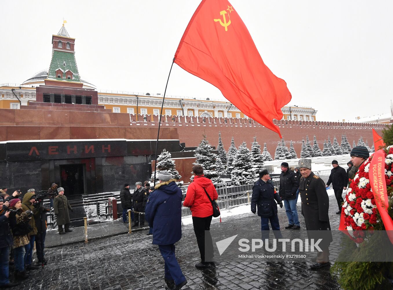 Flowers and wreaths laid by Lenin Mausoleum on Red Square