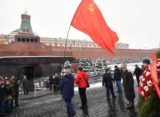 Flowers and wreaths laid by Lenin Mausoleum on Red Square
