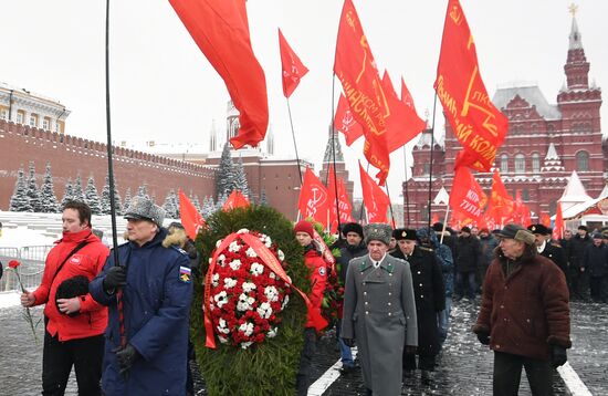 Flowers and wreaths laid by Lenin Mausoleum on Red Square