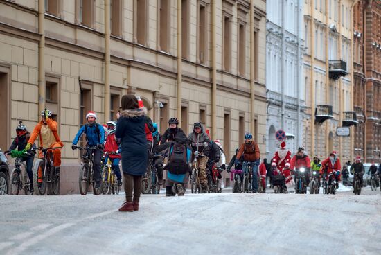 Father Frost bike parade in St. Petersburg