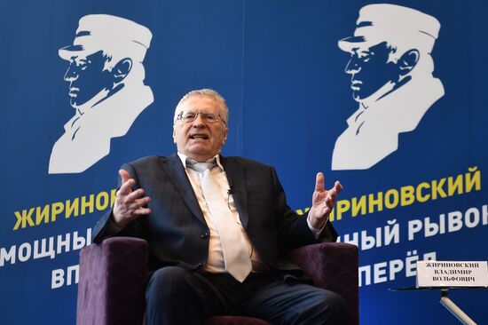 Russian presidential candidate Vladimir Zhirinovsky meets with his campaign supporters