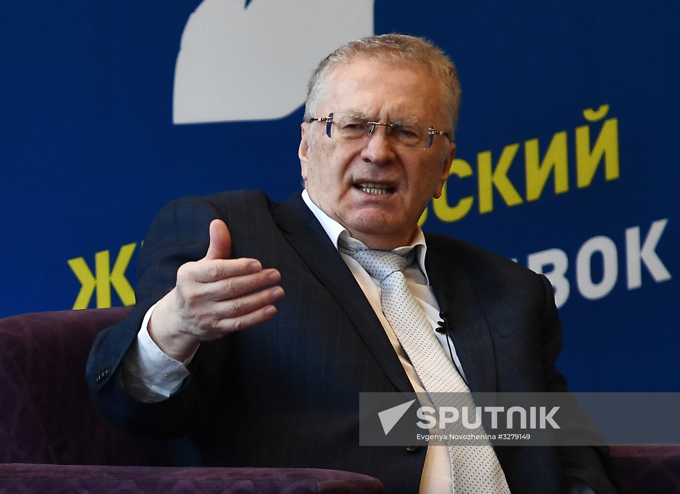 Russian presidential candidate Vladimir Zhirinovsky meets with his campaign supporters