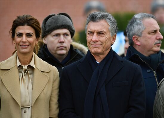 President of Argentina Mauricio Macri lays flowers at Tomb of Unknown Soldier